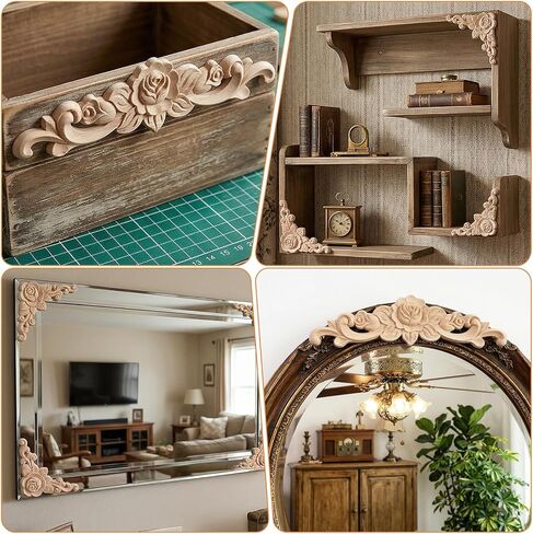 5Pcs Wood Appliques Onlays Decorative, DIY Handmade Carved Unpainted Corner Decoration, Wood Rose Appliques Onlays for Bed Door Wall Cabinet Wardrobe Furniture Mirror Fireplace Mantels Decor in Saudi Arabia