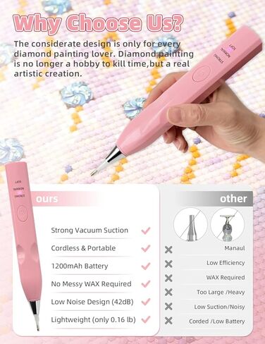 Narottl Electric Diamond Painting Pen, Cordless Diamond Art Pens with 6 Tips & 3 Suction Modes, Vacuum No-Wax Design, Rechargeable & Lightweight DIY Diamond Art Tools for Adults & Beginners (Pink) in Saudi Arabia