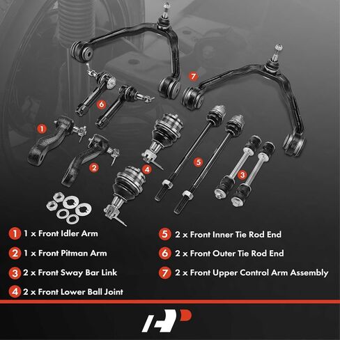 A-Premium Set of 12, Upper Control Arm, Ball Joint, Tie Rod End, Sway Bar Link, Pitman Arm Compatible with Chevy GMC Cadillac - 1999-2007 - Silverado, Sierra 1500, Avalanche, Suburban, Tahoe, Escalade in Kuwait
