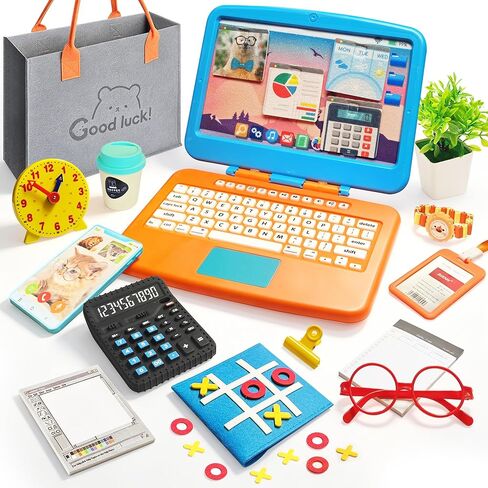Home Office Pretend Play Toys for Kids, 20PCS Mini Workspace with Laptop, Calculator, Mug, ID Badge & Desk Supplies, Work from Home Toddler Role Play Set, Birthday Gift for Boys Girls Ages 3+ in Saudi Arabia