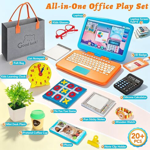 Home Office Pretend Play Toys for Kids, 20PCS Mini Workspace with Laptop, Calculator, Mug, ID Badge & Desk Supplies, Work from Home Toddler Role Play Set, Birthday Gift for Boys Girls Ages 3+ in Saudi Arabia