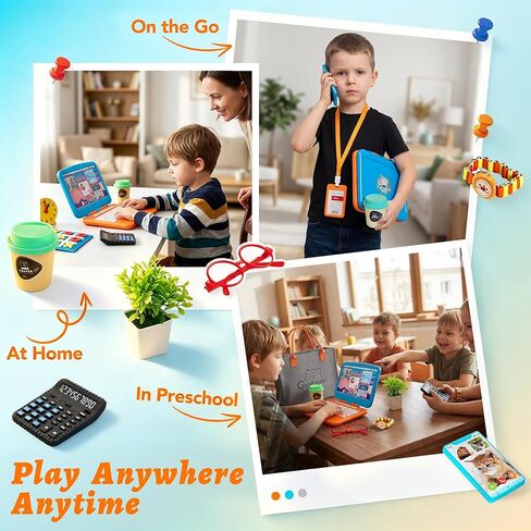Home Office Pretend Play Toys for Kids, 20PCS Mini Workspace with Laptop, Calculator, Mug, ID Badge & Desk Supplies, Work from Home Toddler Role Play Set, Birthday Gift for Boys Girls Ages 3+ in Saudi Arabia