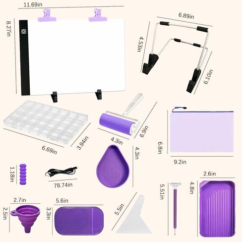 FANGZH Diamond Painting Storage Accessories Kit with A4 Light Pad, Bead Organizers, Drill Pens, Storage Boxes, and Tools for Adults (Purple) in Kuwait