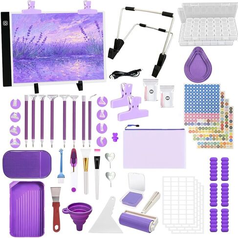 FANGZH Diamond Painting Storage Accessories Kit with A4 Light Pad, Bead Organizers, Drill Pens, Storage Boxes, and Tools for Adults (Purple) in Kuwait
