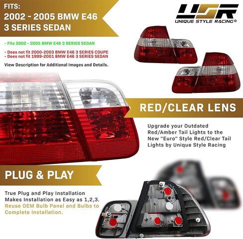 DEPO 02-05 E46 4D Tail Lights - OE Euro Style Clear Rear Tail Lamps Set (Left + Right, Inner + Outer) Compatible with 2002-2005 BMW E46 3 Series 4 Doors Sedan (Red/Clear Lens, Total 4 Pieces) in Kuwait