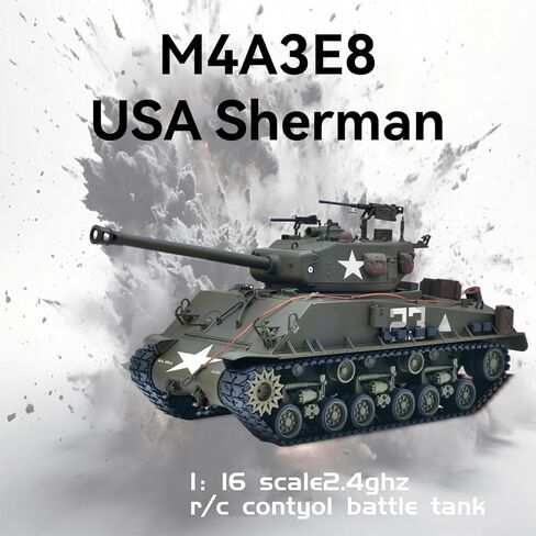 1/16 M4A3E8 Sherman RC Tank Metal Enhanced Version, Professional Military Vehicle with 360° Turret, Smoke & Sound FX, Infrared Combat, Weathered Finish, Olive Green in Saudi Arabia