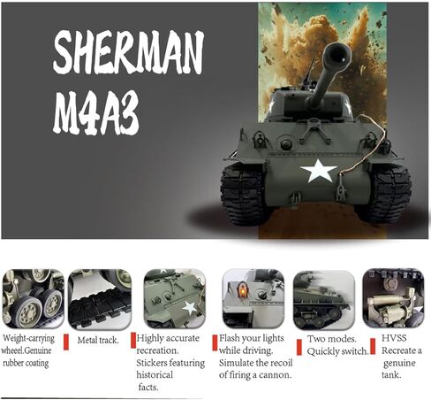 1/16 M4A3E8 Sherman RC Tank Metal Enhanced Version, Professional Military Vehicle with 360° Turret, Smoke & Sound FX, Infrared Combat, Weathered Finish, Olive Green in Saudi Arabia