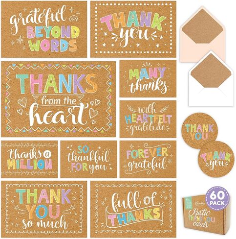 Decorably 60 Pack 6x4in Rustic Teacher Appreciation Cards Bulk with Envelopes & Stickers, 10 Folded Cute Kraft & Pastel Beyond Grateful Thank You Designs, Blank Inside, Wedding, Birthdays, Gifting in Kuwait