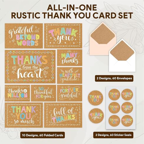 Decorably 60 Pack 6x4in Rustic Teacher Appreciation Cards Bulk with Envelopes & Stickers, 10 Folded Cute Kraft & Pastel Beyond Grateful Thank You Designs, Blank Inside, Wedding, Birthdays, Gifting in Kuwait