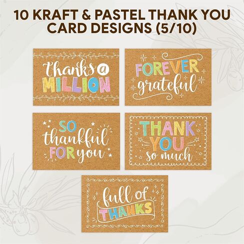 Decorably 60 Pack 6x4in Rustic Teacher Appreciation Cards Bulk with Envelopes & Stickers, 10 Folded Cute Kraft & Pastel Beyond Grateful Thank You Designs, Blank Inside, Wedding, Birthdays, Gifting in Kuwait