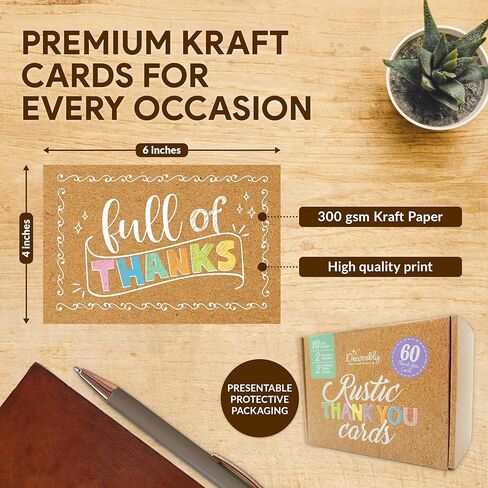 Decorably 60 Pack 6x4in Rustic Teacher Appreciation Cards Bulk with Envelopes & Stickers, 10 Folded Cute Kraft & Pastel Beyond Grateful Thank You Designs, Blank Inside, Wedding, Birthdays, Gifting in Kuwait