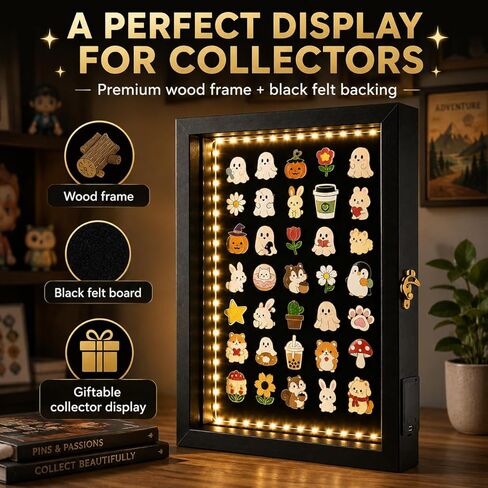 Light Up Pin Display Case - 12x16 Black Shadow Box Frame with Opening Door, Pin Board for Enamel Pins, Pin Holder and Pin Collection Display Frame for Wall or Tabletop in Saudi Arabia