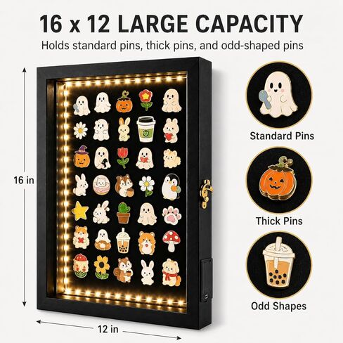 Light Up Pin Display Case - 12x16 Black Shadow Box Frame with Opening Door, Pin Board for Enamel Pins, Pin Holder and Pin Collection Display Frame for Wall or Tabletop in Saudi Arabia