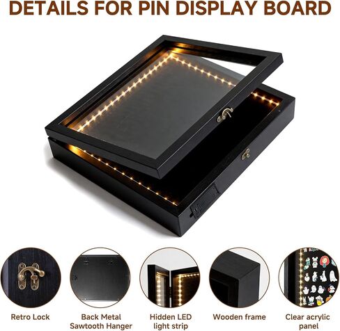 Light Up Pin Display Case - 12x16 Black Shadow Box Frame with Opening Door, Pin Board for Enamel Pins, Pin Holder and Pin Collection Display Frame for Wall or Tabletop in Saudi Arabia
