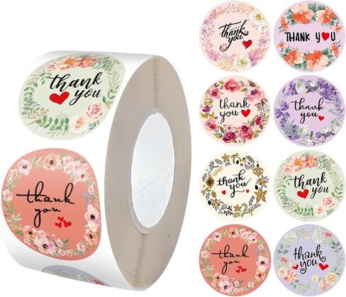 500 Stickers/Roll Floral Thank You 1inches Stickers, Various Pattern Designs Suitable for Gift Packaging, Takeaway Boxes, DIY Decoration PVC Waterproof Non-Dry in Kuwait