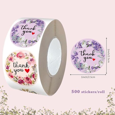 500 Stickers/Roll Floral Thank You 1inches Stickers, Various Pattern Designs Suitable for Gift Packaging, Takeaway Boxes, DIY Decoration PVC Waterproof Non-Dry in Kuwait