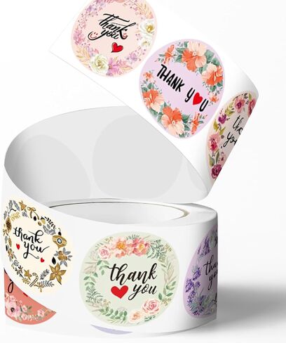 500 Stickers/Roll Floral Thank You 1inches Stickers, Various Pattern Designs Suitable for Gift Packaging, Takeaway Boxes, DIY Decoration PVC Waterproof Non-Dry in Kuwait