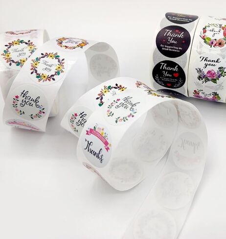 500 Stickers/Roll Floral Thank You 1inches Stickers, Various Pattern Designs Suitable for Gift Packaging, Takeaway Boxes, DIY Decoration PVC Waterproof Non-Dry in Kuwait