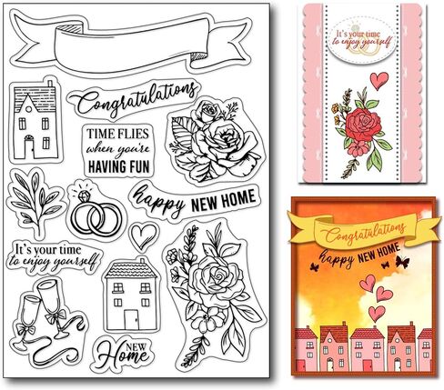 Wedding Sentiment Clear Stamps for Card Making New Home House Rubber Stamps Wedding Rings Roses Silicone Stamps for DIY Scrapbooking Album Paper Crafting Decoration in Kuwait