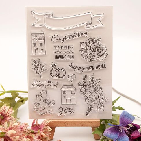 Wedding Sentiment Clear Stamps for Card Making New Home House Rubber Stamps Wedding Rings Roses Silicone Stamps for DIY Scrapbooking Album Paper Crafting Decoration in Kuwait