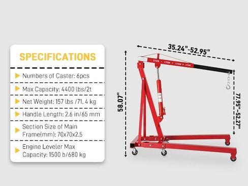 TUFFIOM 2 Ton Folding Hydraulic Engine Crane with Telescopic Boom and Outriggers and Hook, 4400 lbs Engine Hoist Workshop Crane Lifting Cherry Picker, Heavy Duty Steel Electric Hoist, Red in Saudi Arabia