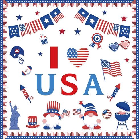 4th of July Independence Day Bulletin Board Decorations Set, 53 Pcs Patriotic Stars Stripes Paper Cutouts with 120Pcs Glue Points, Red Blue White Gnome USA Flag for Memorial Day Party Classroom in Kuwait