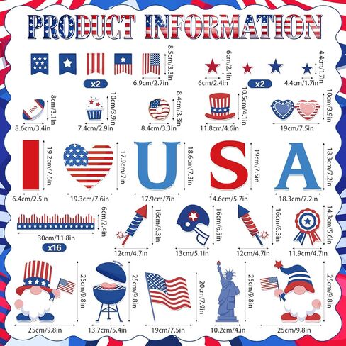 4th of July Independence Day Bulletin Board Decorations Set, 53 Pcs Patriotic Stars Stripes Paper Cutouts with 120Pcs Glue Points, Red Blue White Gnome USA Flag for Memorial Day Party Classroom in Kuwait