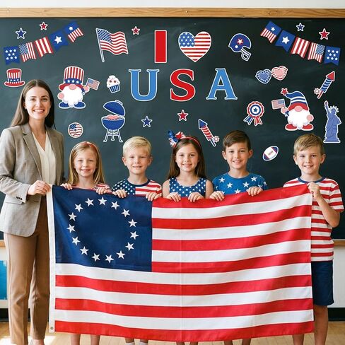 4th of July Independence Day Bulletin Board Decorations Set, 53 Pcs Patriotic Stars Stripes Paper Cutouts with 120Pcs Glue Points, Red Blue White Gnome USA Flag for Memorial Day Party Classroom in Kuwait
