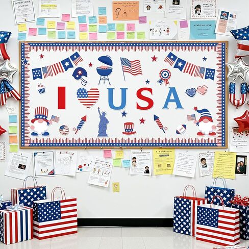 4th of July Independence Day Bulletin Board Decorations Set, 53 Pcs Patriotic Stars Stripes Paper Cutouts with 120Pcs Glue Points, Red Blue White Gnome USA Flag for Memorial Day Party Classroom in Kuwait