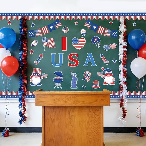 4th of July Independence Day Bulletin Board Decorations Set, 53 Pcs Patriotic Stars Stripes Paper Cutouts with 120Pcs Glue Points, Red Blue White Gnome USA Flag for Memorial Day Party Classroom in Kuwait
