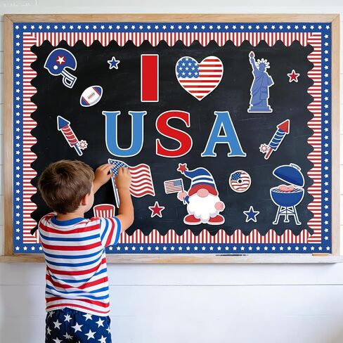4th of July Independence Day Bulletin Board Decorations Set, 53 Pcs Patriotic Stars Stripes Paper Cutouts with 120Pcs Glue Points, Red Blue White Gnome USA Flag for Memorial Day Party Classroom in Kuwait
