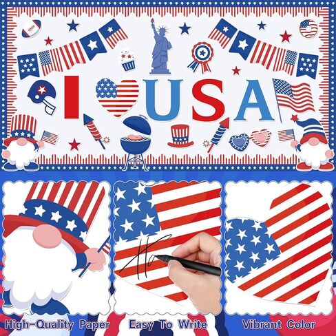 4th of July Independence Day Bulletin Board Decorations Set, 53 Pcs Patriotic Stars Stripes Paper Cutouts with 120Pcs Glue Points, Red Blue White Gnome USA Flag for Memorial Day Party Classroom in Kuwait