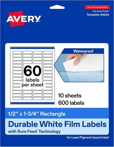 Avery Durable Waterproof Rectangle Labels with Sure Feed, .5" x 1.75", 1,500 Oil and Tear-Resistant Waterproof Labels, Print-to-The-Edge, Laser/Pigment-Based Inkjet Printable Labels in Saudi Arabia