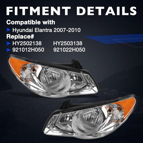 مجموعة المصابيح الأمامية مع المصابيح وحزام الأسلاك تناسب 2007-2009 Hyundai Elantra، جانب السائق والراكب، غطاء كروم شفاف للعدسة، استبدال HY2502138 HY2503138 921012H050 921022H050 in Kuwait