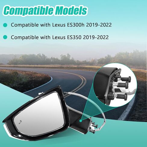 11Pins White Mirror Left Driver Side Heated Compatible with Lexus ES300h and ES350 2019-2022 Mirror with Blind Spot Memory Function LED Turn Signal Light Power Adjustable Manual Folding in Saudi Arabia