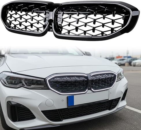 Front Bumper Grille Assembly w/LED Light Compatible with BMW 320i 330i 330e M340i G20 G21 2019–2022, Glossy Black Diamond Star Grill & Wiring Harness, ABS IP67 | 51138072085 51138075665 in Saudi Arabia