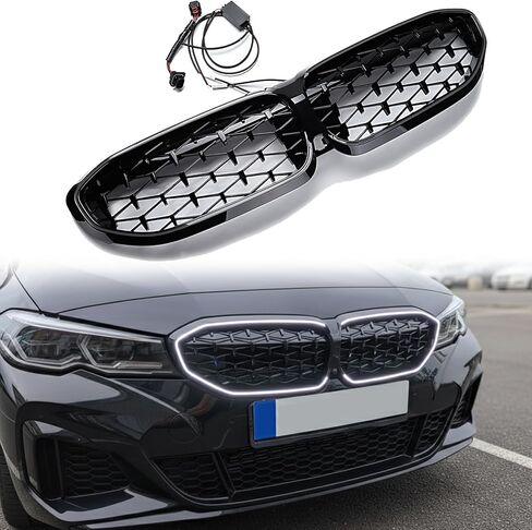 Front Bumper Grille Assembly w/LED Light Compatible with BMW 320i 330i 330e M340i G20 G21 2019–2022, Glossy Black Diamond Star Grill & Wiring Harness, ABS IP67 | 51138072085 51138075665 in Saudi Arabia