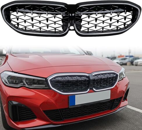 Front Bumper Grille Assembly w/LED Light Compatible with BMW 320i 330i 330e M340i G20 G21 2019–2022, Glossy Black Diamond Star Grill & Wiring Harness, ABS IP67 | 51138072085 51138075665 in Saudi Arabia