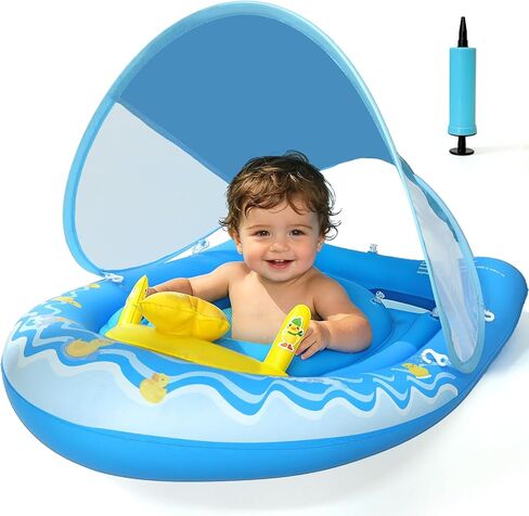 Baby Pool Float with Canopy UPF50+, Blue Inflatable Infant Pool Float with Extra Wide Double Air Chambers, Duck Toy, Adjustable Safety Seat Toddler Swim Float for Boys Girls 6-36 Months in Saudi Arabia