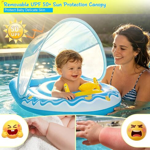 Baby Pool Float with Canopy UPF50+, Blue Inflatable Infant Pool Float with Extra Wide Double Air Chambers, Duck Toy, Adjustable Safety Seat Toddler Swim Float for Boys Girls 6-36 Months in Saudi Arabia