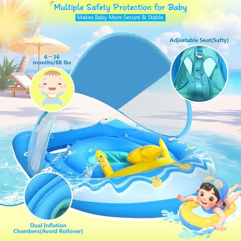 Baby Pool Float with Canopy UPF50+, Blue Inflatable Infant Pool Float with Extra Wide Double Air Chambers, Duck Toy, Adjustable Safety Seat Toddler Swim Float for Boys Girls 6-36 Months in Saudi Arabia