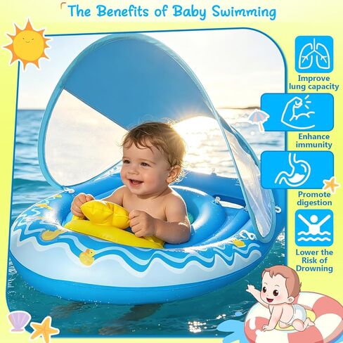 Baby Pool Float with Canopy UPF50+, Blue Inflatable Infant Pool Float with Extra Wide Double Air Chambers, Duck Toy, Adjustable Safety Seat Toddler Swim Float for Boys Girls 6-36 Months in Saudi Arabia