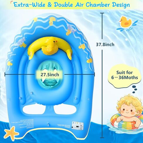Baby Pool Float with Canopy UPF50+, Blue Inflatable Infant Pool Float with Extra Wide Double Air Chambers, Duck Toy, Adjustable Safety Seat Toddler Swim Float for Boys Girls 6-36 Months in Saudi Arabia