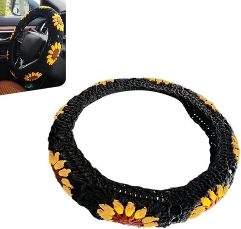 Hand Crochet Car Steering Wheel Cover, 14-15 inch Elastic Non-Slip Steer Wheels Protection Wrap, Cute Boho Car Steering Wheel Cover Decor, Universal for Most Cars (Pink) in Saudi Arabia