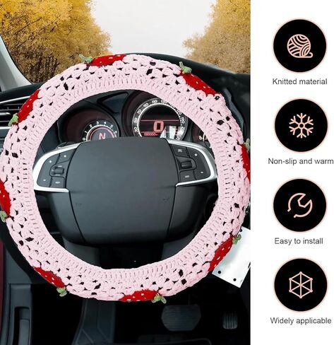 Hand Crochet Car Steering Wheel Cover, 14-15 inch Elastic Non-Slip Steer Wheels Protection Wrap, Cute Boho Car Steering Wheel Cover Decor, Universal for Most Cars (Pink) in Saudi Arabia