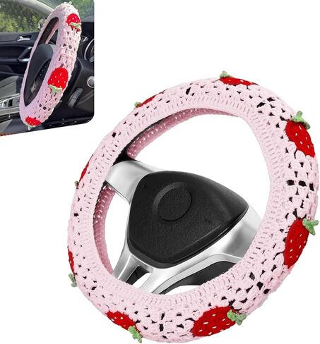 Hand Crochet Car Steering Wheel Cover, 14-15 inch Elastic Non-Slip Steer Wheels Protection Wrap, Cute Boho Car Steering Wheel Cover Decor, Universal for Most Cars (Pink) in Saudi Arabia