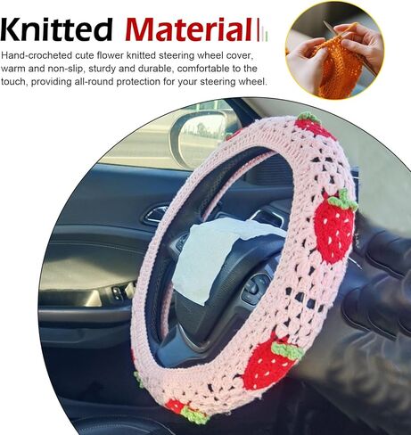 Hand Crochet Car Steering Wheel Cover, 14-15 inch Elastic Non-Slip Steer Wheels Protection Wrap, Cute Boho Car Steering Wheel Cover Decor, Universal for Most Cars (Pink) in Saudi Arabia