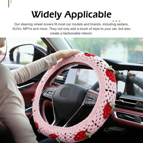 Hand Crochet Car Steering Wheel Cover, 14-15 inch Elastic Non-Slip Steer Wheels Protection Wrap, Cute Boho Car Steering Wheel Cover Decor, Universal for Most Cars (Pink) in Saudi Arabia