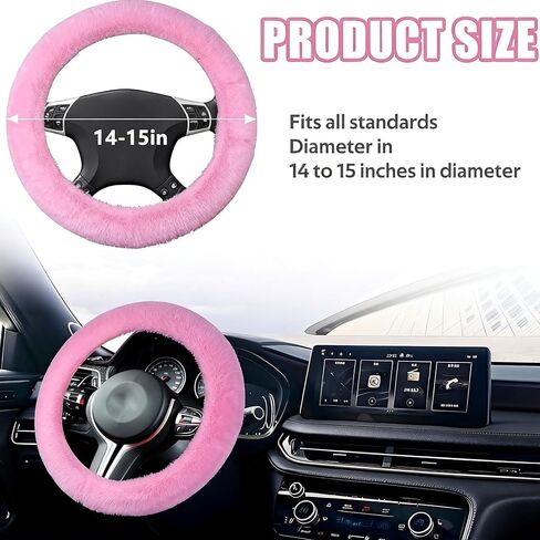 Fluffy Warm Steering Wheel Cover – Universal Fit for 14-15 Inch Wheels, Odorless, Unisex Car Interior Accessory (Pink) in Saudi Arabia