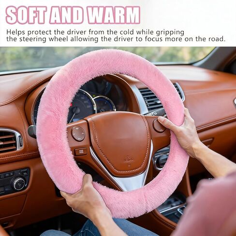 Fluffy Warm Steering Wheel Cover – Universal Fit for 14-15 Inch Wheels, Odorless, Unisex Car Interior Accessory (Pink) in Saudi Arabia